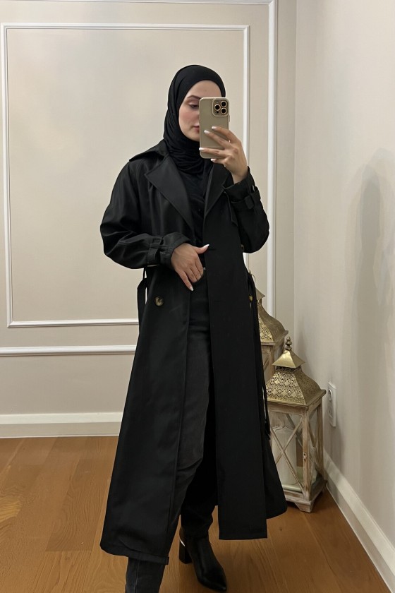 999 Kemerli Tesettür Trençkot Si̇yah-I1
