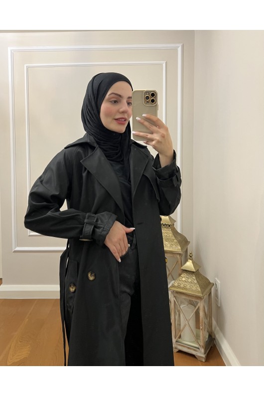 999 Kemerli Tesettür Trençkot Si̇yah-I1 999 Kemerli Tesettür Trençkot Si̇yah-I1
