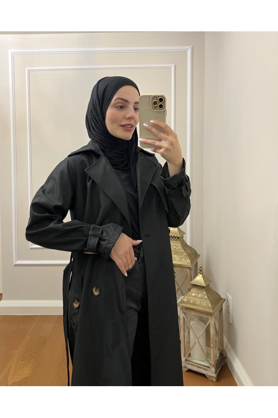 999 Kemerli Tesettür Trençkot Si̇yah-I1 999 Kemerli Tesettür Trençkot Si̇yah-I1