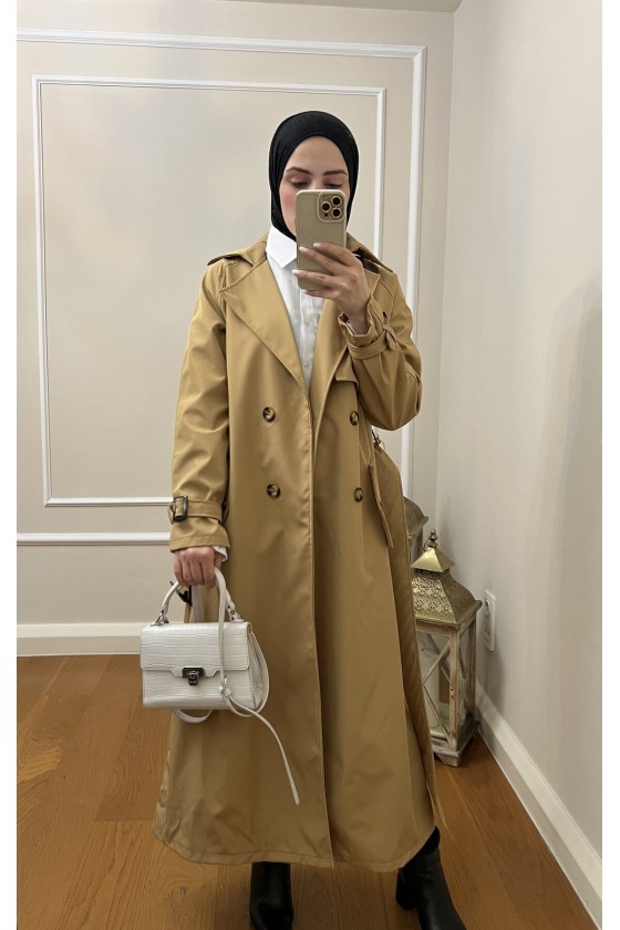 999 Kemerli Tesettür Trençkot Camel-I1