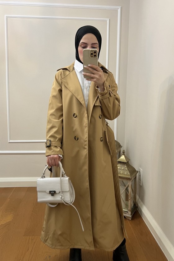 999 Kemerli Tesettür Trençkot Camel-I1