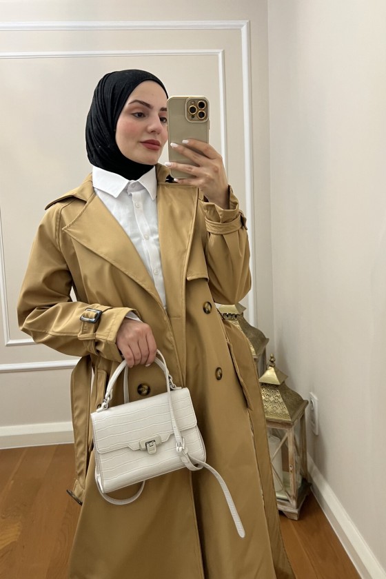 999 Kemerli Tesettür Trençkot Camel-I1