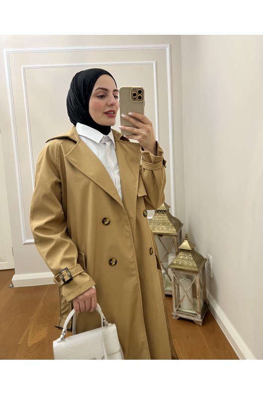 999 Kemerli Tesettür Trençkot Camel-I1 999 Kemerli Tesettür Trençkot Camel-I1