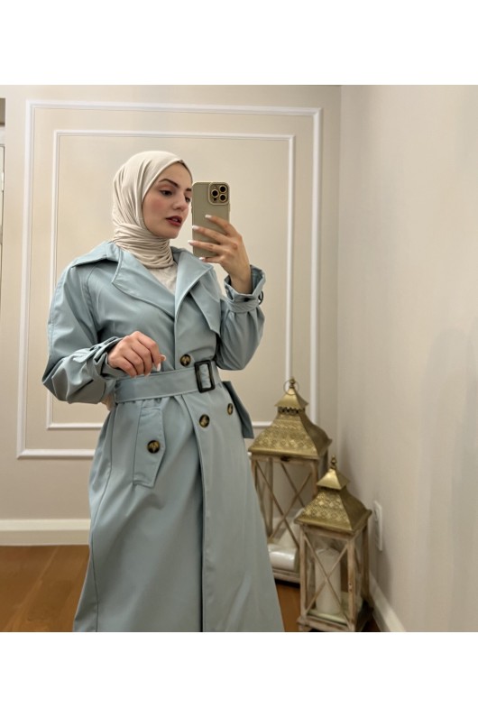 999 Kemerli Tesettür Trençkot Mavi̇-I1 999 Kemerli Tesettür Trençkot Mavi̇-I1