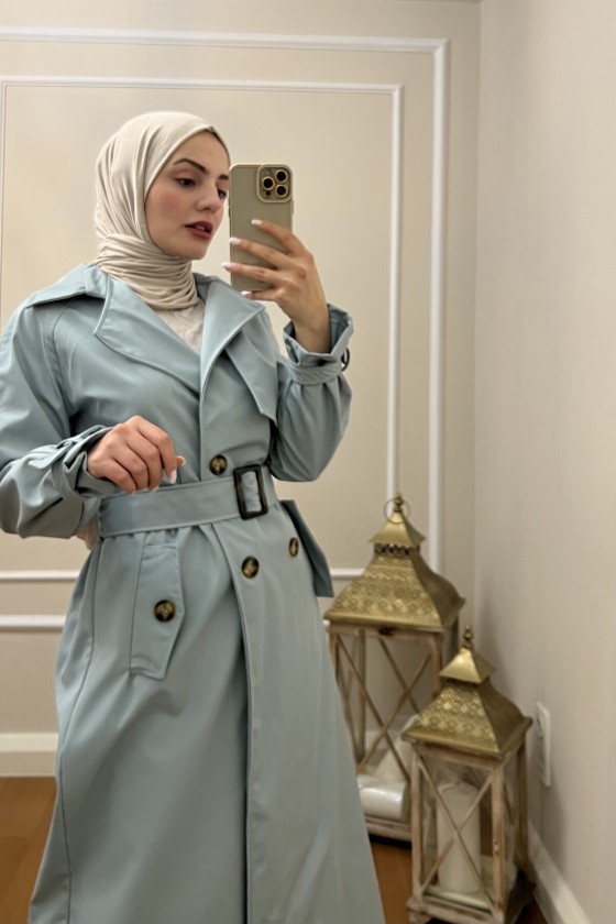 999 Kemerli Tesettür Trençkot Mavi̇-I1