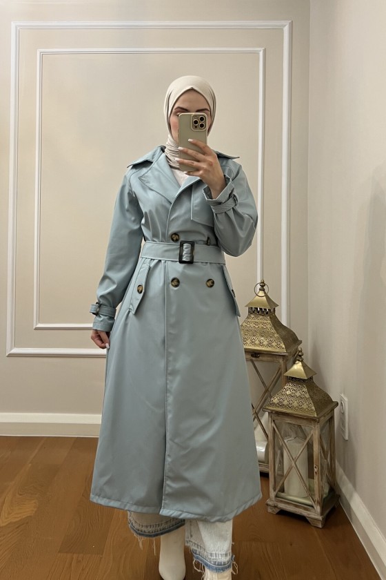 999 Kemerli Tesettür Trençkot Mavi̇-I1
