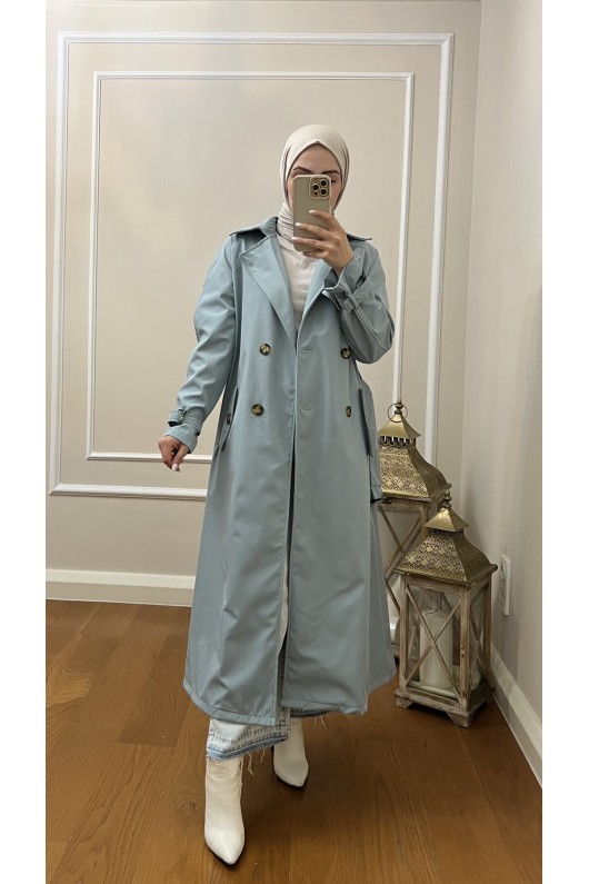 999 Kemerli Tesettür Trençkot Mavi̇-I1 999 Kemerli Tesettür Trençkot Mavi̇-I1