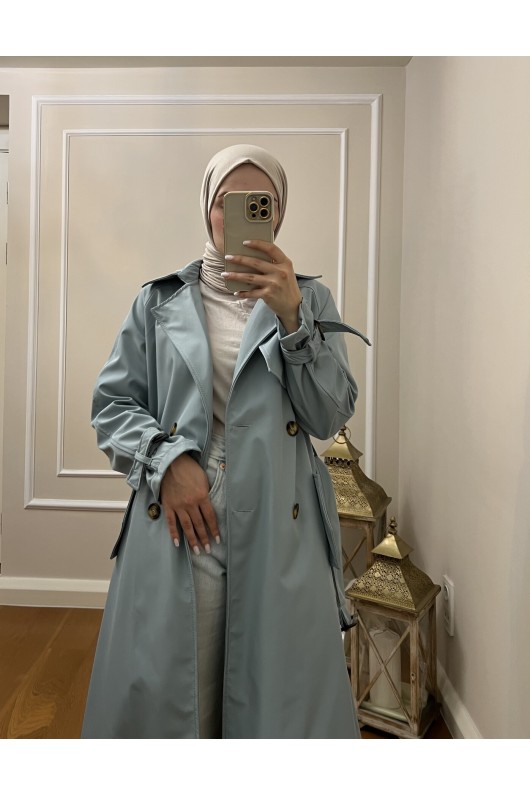 999 Kemerli Tesettür Trençkot Mavi̇-I1 999 Kemerli Tesettür Trençkot Mavi̇-I1