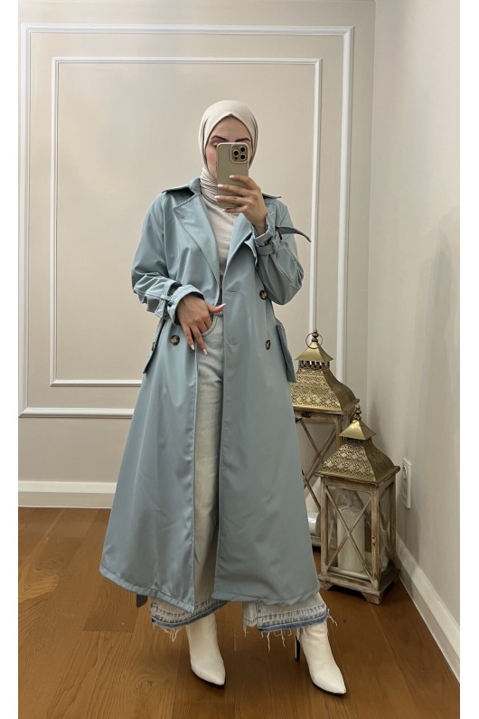 999 Kemerli Tesettür Trençkot Mavi̇-I1 999 Kemerli Tesettür Trençkot Mavi̇-I1