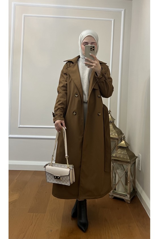 999 Kemerli Tesettür Trençkot Taba-I1