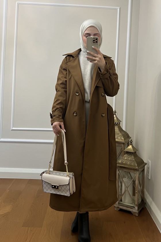 999 Kemerli Tesettür Trençkot Taba-I1