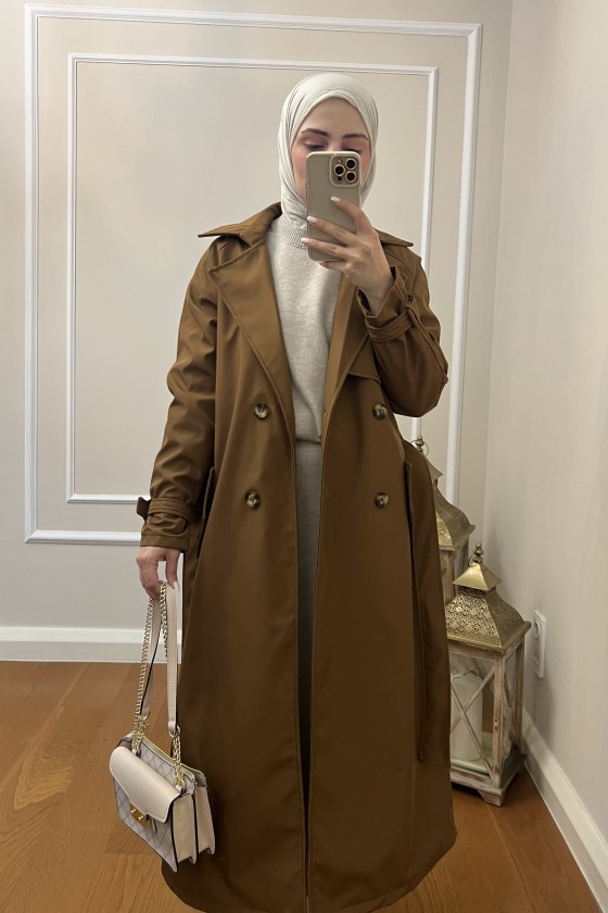 999 Kemerli Tesettür Trençkot Taba-I1