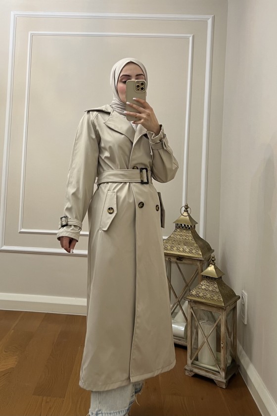 999 Kemerli Tesettür Trençkot Taş-I1