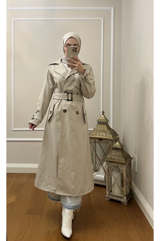 999 Kemerli Tesettür Trençkot Taş-I1 999 Kemerli Tesettür Trençkot Taş-I1
