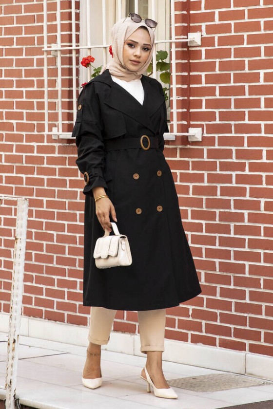 9541 - Omuz Detaylı Tesettür Trençkot Si̇yah-F2