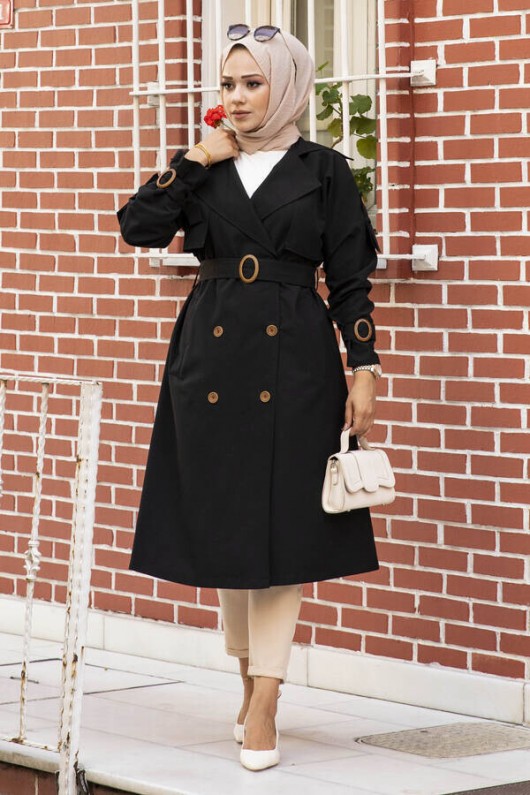 9541 - Omuz Detaylı Tesettür Trençkot Si̇yah-F2 9541 - Omuz Detaylı Tesettür Trençkot Si̇yah-F2