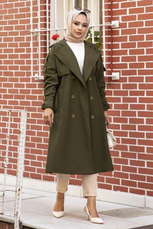 9541 - Omuz Detaylı Tesettür Trençkot Haki̇-F2 9541 - Omuz Detaylı Tesettür Trençkot Haki̇-F2