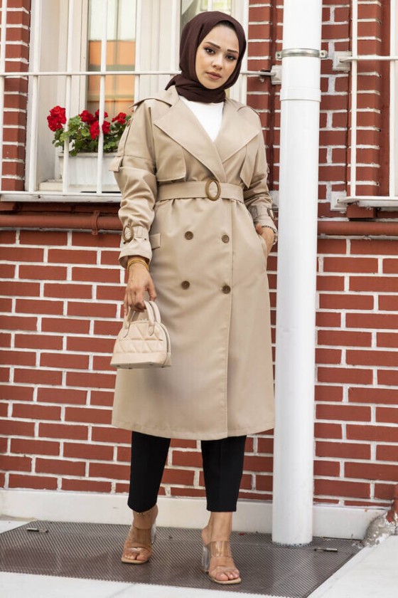 9541 - Omuz Detaylı Tesettür Trençkot Camel-F2