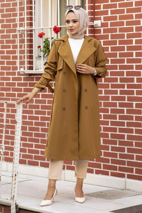 9541 - Omuz Detaylı Tesettür Trençkot Taba-F2