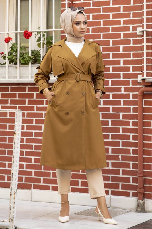 9541 - Omuz Detaylı Tesettür Trençkot Taba-F2 9541 - Omuz Detaylı Tesettür Trençkot Taba-F2