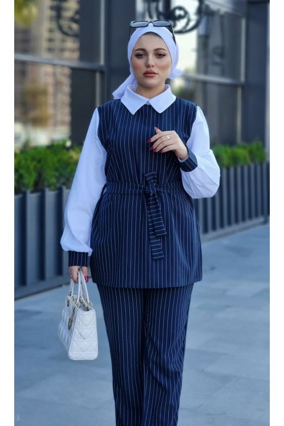 4430 - Çizgili Tesettür İkili Takım Laci̇vert-H3