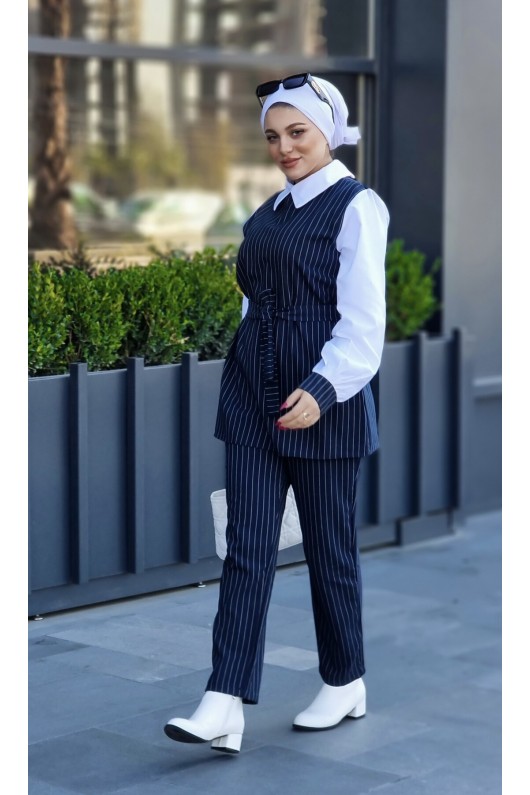 4430 - Çizgili Tesettür İkili Takım Laci̇vert-H3
