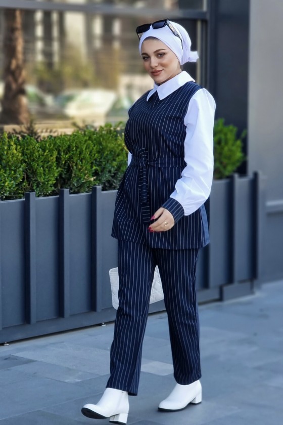 4430 - Çizgili Tesettür İkili Takım Laci̇vert-H3