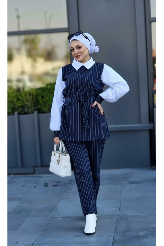 4430 - Çizgili Tesettür İkili Takım Laci̇vert-H3