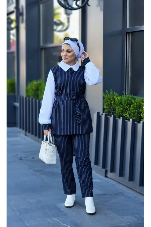 4430 - Çizgili Tesettür İkili Takım Laci̇vert-H3