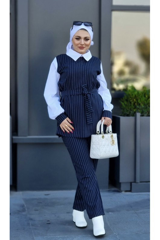 4430 - Çizgili Tesettür İkili Takım Laci̇vert-H3