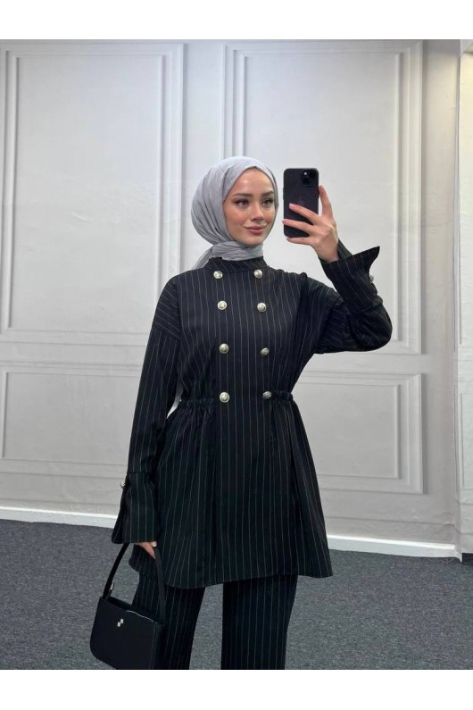 4431 - Bel Büzgülü Tesettür İkili Takım Si̇yah-H2