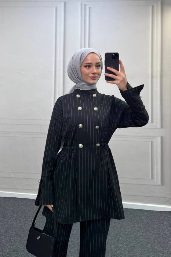 4431 - Bel Büzgülü Tesettür İkili Takım Si̇yah-H2