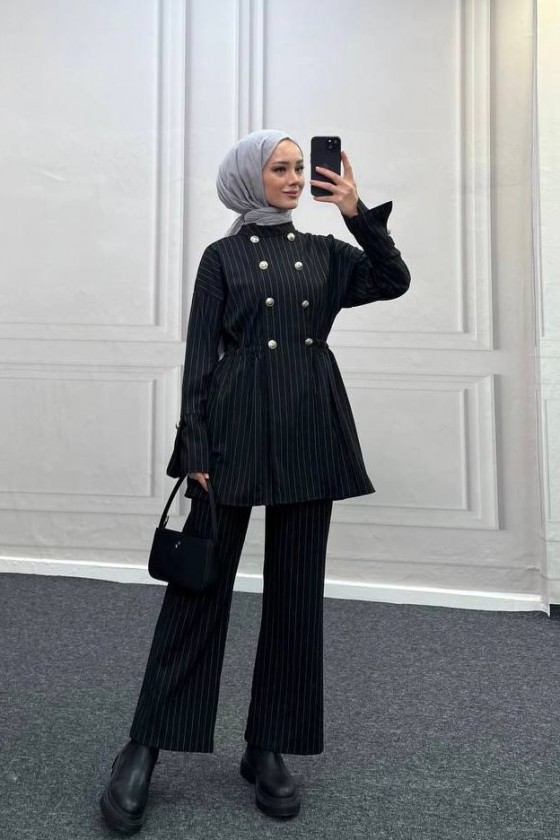 4431 - Bel Büzgülü Tesettür İkili Takım Si̇yah-H2