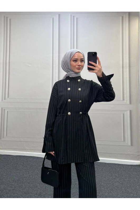 4431 - Bel Büzgülü Tesettür İkili Takım Si̇yah-H2