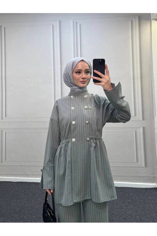 4431 - Bel Büzgülü Tesettür İkili Takım Gri̇-H2
