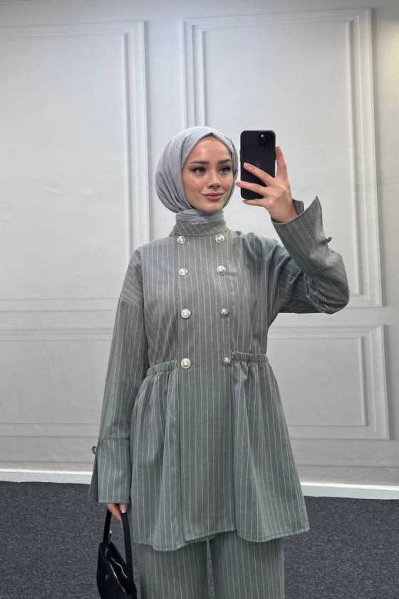 4431 - Bel Büzgülü Tesettür İkili Takım Gri̇-H2