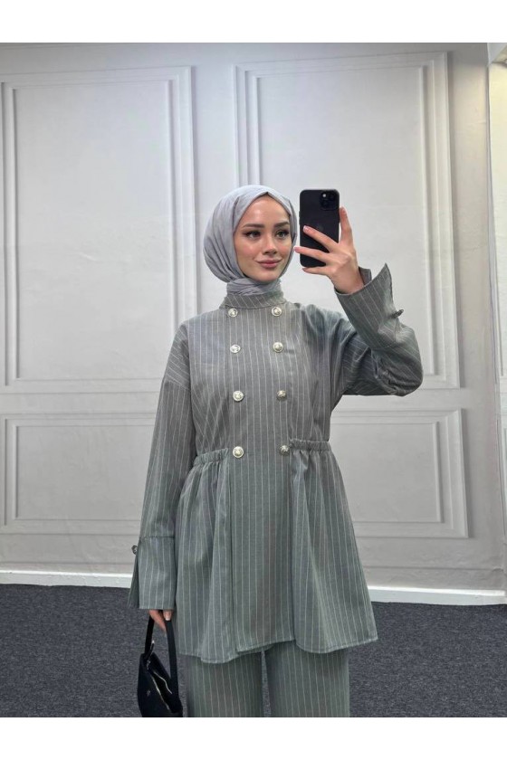 4431 - Bel Büzgülü Tesettür İkili Takım Gri̇-H2