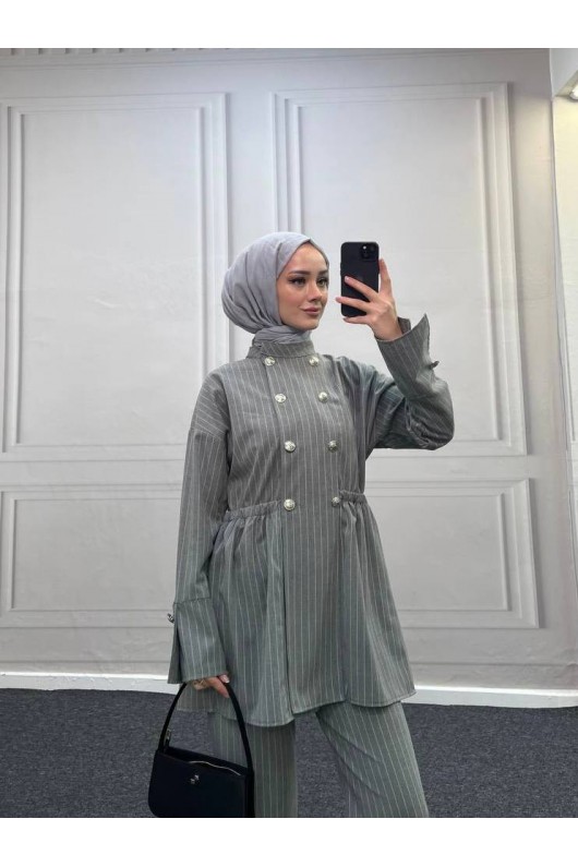 4431 - Bel Büzgülü Tesettür İkili Takım Gri̇-H2