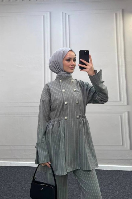 4431 - Bel Büzgülü Tesettür İkili Takım Gri̇-H2