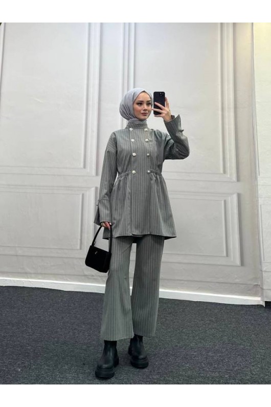 4431 - Bel Büzgülü Tesettür İkili Takım Gri̇-H2