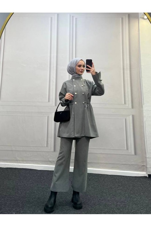 4431 - Bel Büzgülü Tesettür İkili Takım Gri̇-H2