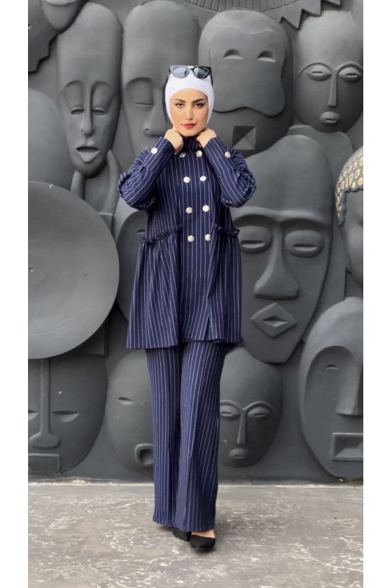 4431 - Bel Büzgülü Tesettür İkili Takım Laci̇vert-H2