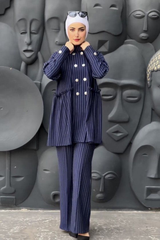 4431 - Bel Büzgülü Tesettür İkili Takım Laci̇vert-H2