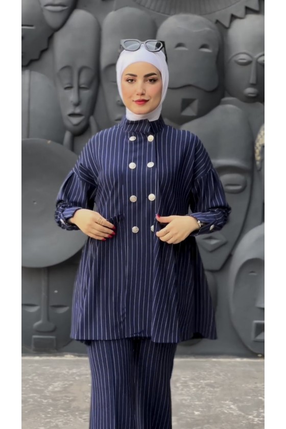 4431 - Bel Büzgülü Tesettür İkili Takım Laci̇vert-H2