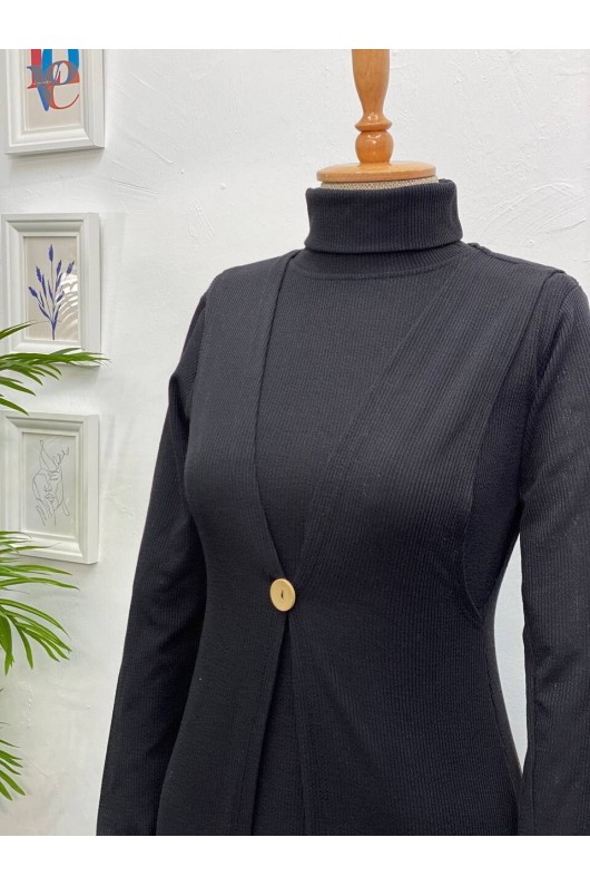 4440 - Yelek Elbise Tesettür İkili Takım Si̇yah-H3