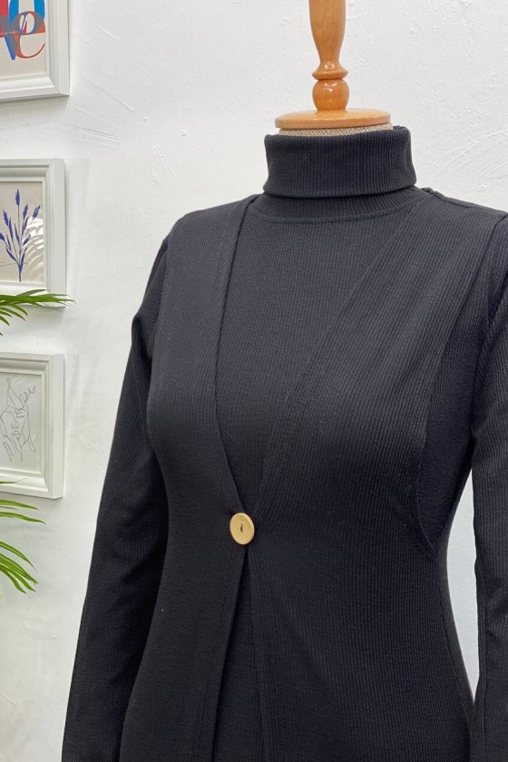 4440 - Yelek Elbise Tesettür İkili Takım Si̇yah-H3