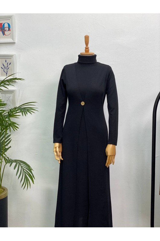 4440 - Yelek Elbise Tesettür İkili Takım Si̇yah-H3