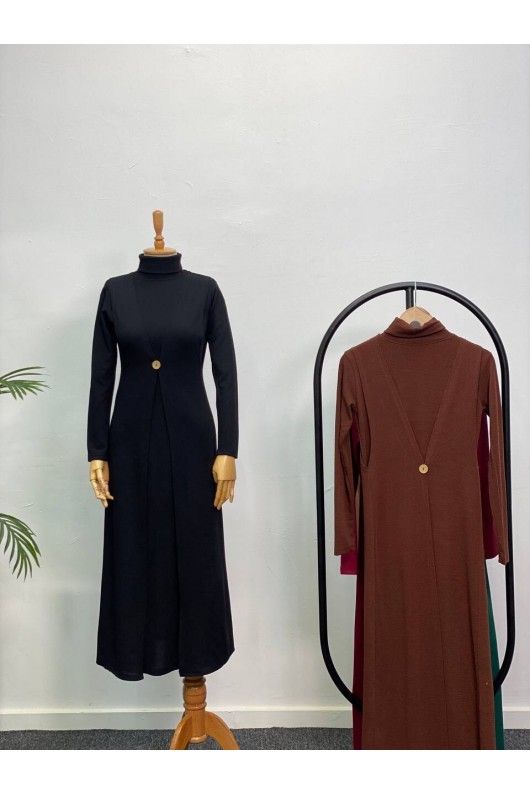 4440 - Yelek Elbise Tesettür İkili Takım Si̇yah-H3