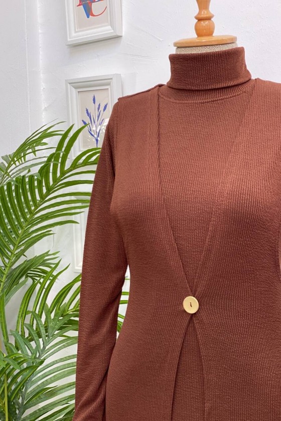 4440 - Yelek Elbise Tesettür İkili Takım Kahverengi̇-H3