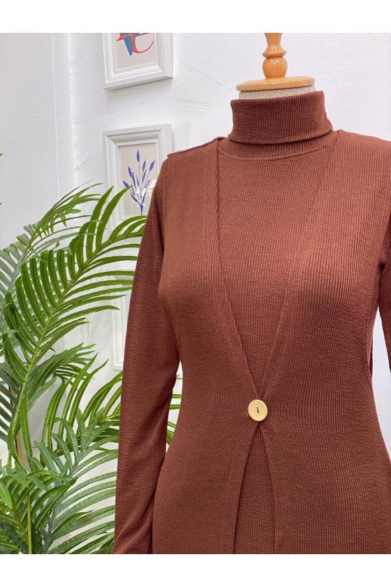 4440 - Yelek Elbise Tesettür İkili Takım Kahverengi̇-H3